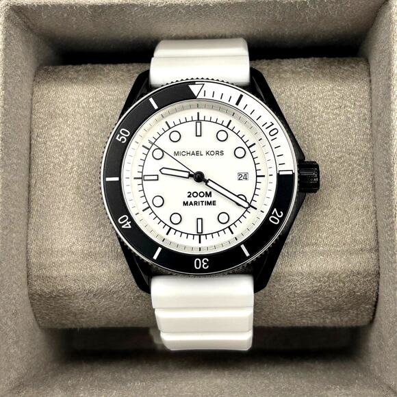 Michael Kors MK9159 Maritime 42mm White Silicone Strap Mens Dive Style Watch NIB - Picture 3 of 17